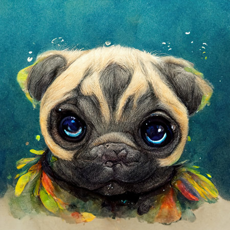 Portrait of a cute pug dog with blue eyes. watercolor painting.の素材