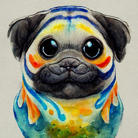 Watercolor portrait of a pug dog with a colorful pattern on his face.の素材