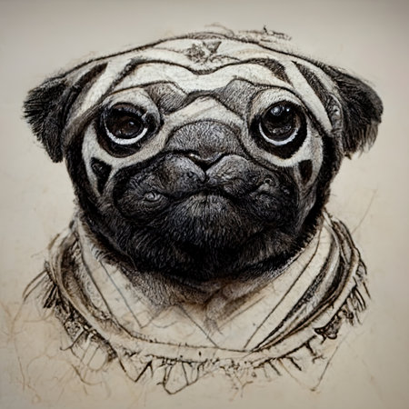 Portrait of a pug dog with a black and white drawing.の素材