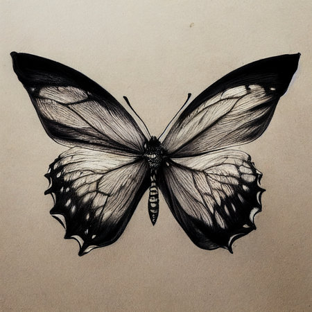 butterfly drawing on paper, black and white drawing, sketchの素材