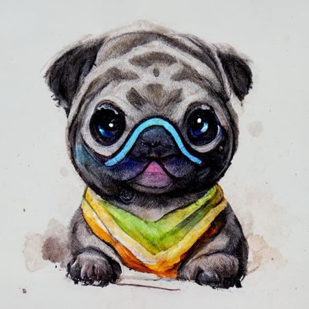Watercolor illustration of a cute pug dog wearing a scarf.の素材