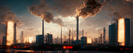 Industrial landscape with smokestacks in the evening. Concept of environmental pollutionの素材