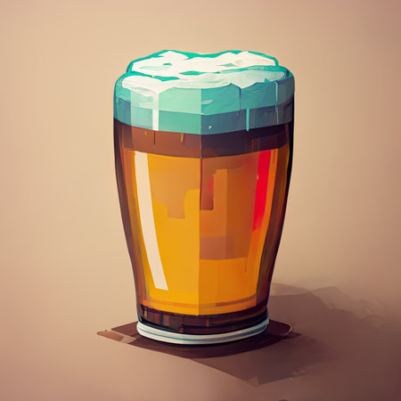 Glass of beer with foam on a brown background. 3d illustrationの素材