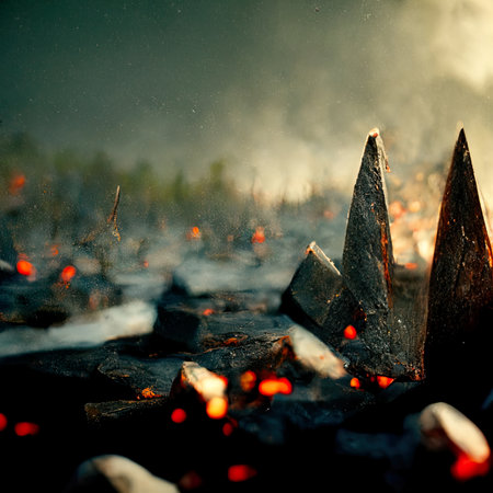 Burning wood in fire. Burned wood in the forest.の素材