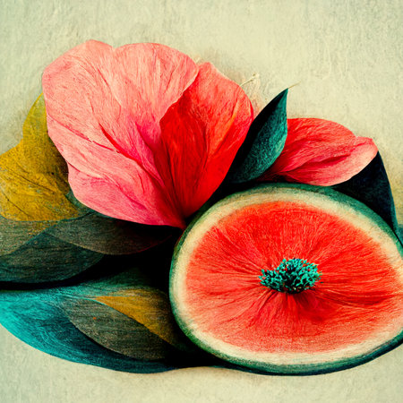 Watermelon and paper flowers on a white background. Toned.の素材