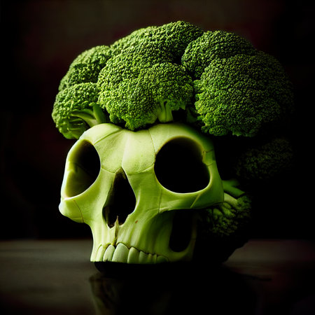Human skull with fresh green broccoli on dark background. Halloween concept.の素材