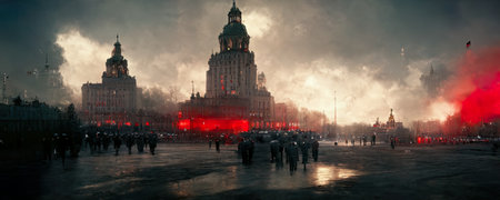 Panoramic view of Tsaritsyno Palace at sunsetの素材