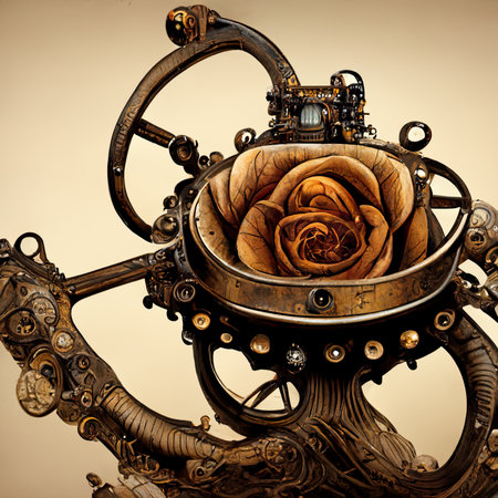 Vintage iron steering wheel with rose flower. 3D illustration.の素材
