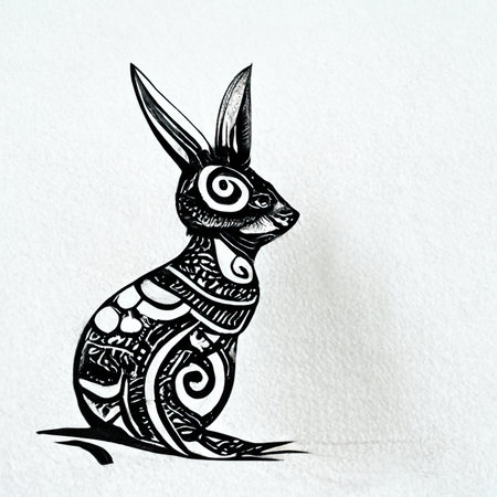 Rabbit with ornament on the white background. Hand drawn illustration.の素材