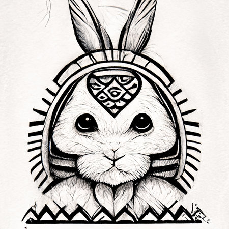 Rabbit with indian headdress. Hand-drawn illustration.の素材