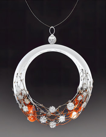 Silver Christmas necklace with red and silver balls on a black backgroundの素材