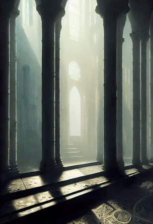 Mysterious interior of the gothic cathedral in the fogの素材