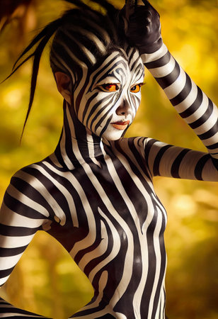 Zebra woman in black and white stripes posing in the autumn forestの素材