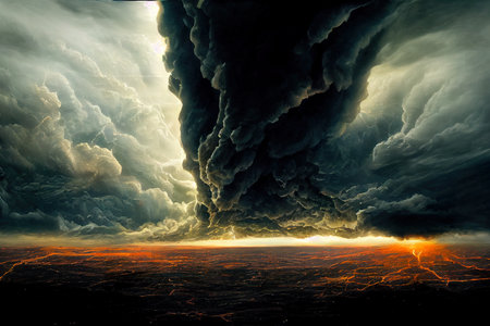 Image of dark stormy sky with lightning and smoke. 3d renderingの素材