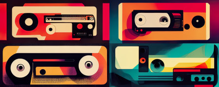 retro audio cassette in retro style on colorful background, vector illustrationの素材
