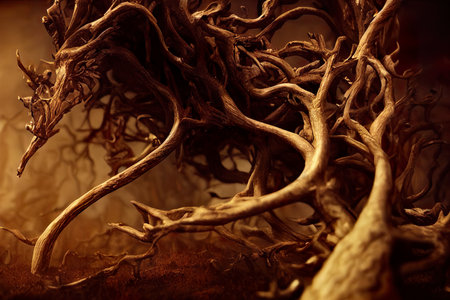 3D rendering of a fantasy forest with tree trunks and rootsの素材