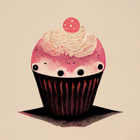 Funny cupcake with cream and cherry. Hand drawn illustration.の素材