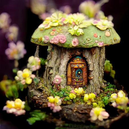 Fairy house made of green moss on a tree in the forestの素材