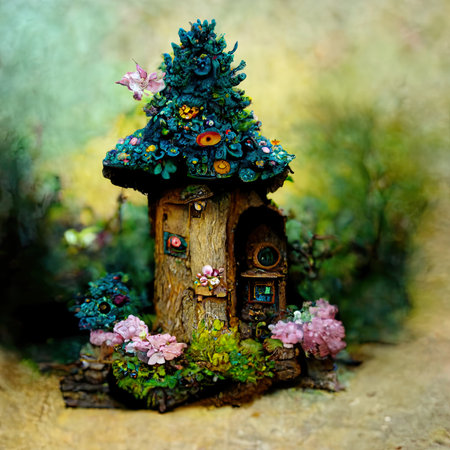 Fairy house made of wood and flowers. Photo in old color image style.の素材