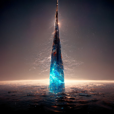 3d rendering of a skyscraper in the sea with blue lightsの素材