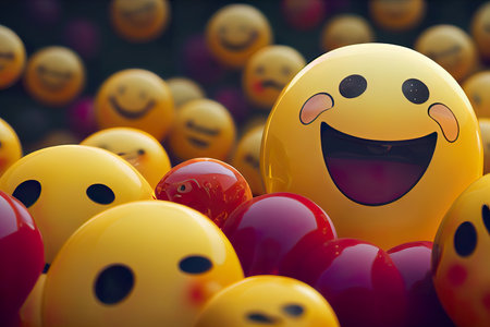 Smiley face with red and yellow balloons. 3d illustration.の素材