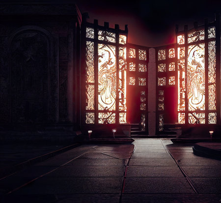 The door of the church in the dark. 3D rendering.の素材