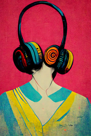 Woman listening to music on headphones. grunge background. music concept.の素材