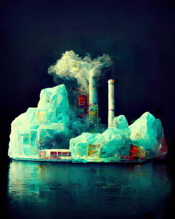 Frozen factory building on the water with smoke. 3d renderingの素材