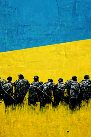 Ukrainian soldiers against the background of the national flag of Ukraineの素材
