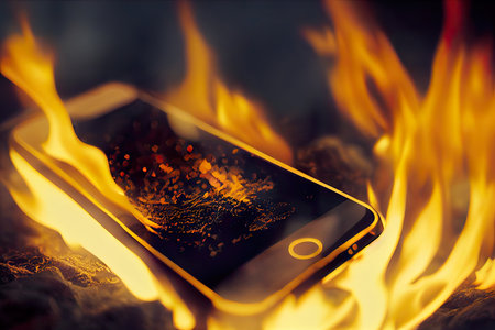 Smartphone in the fire. Close-up of a smartphone with a burning screen.の素材