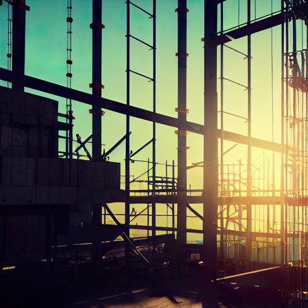 3d render of scaffolding in a construction site at sunset.の素材