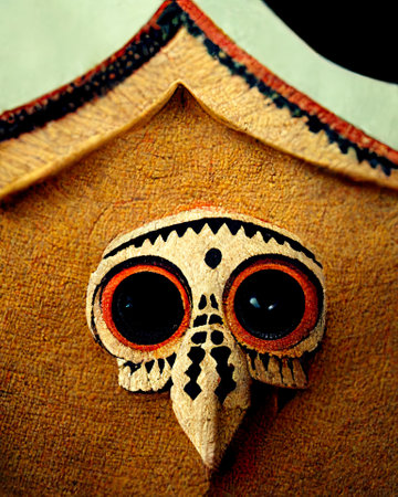 Vintage wooden owl face, close-up. Halloween background.の素材