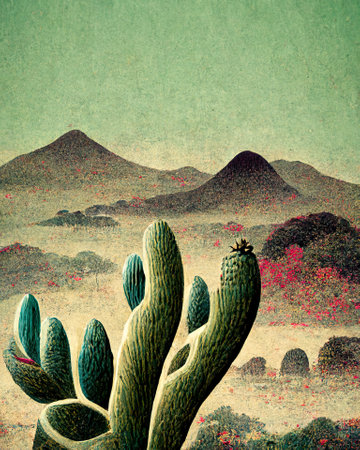 Desert landscape with cactus and mountains. Photo in old image style.の素材