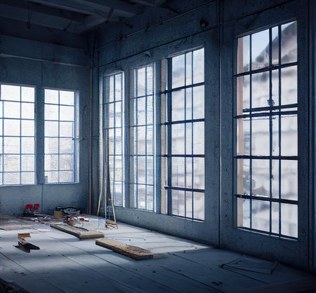 Interior of a room with a large window and a construction site.の素材