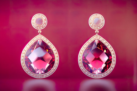 jewelry earrings with precious stones on a red background.の素材