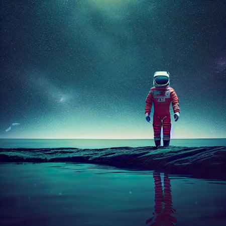 Astronaut on the beach in space. mixed media. mixed mediaの素材