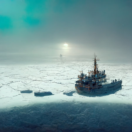Abandoned ship on the ice of the sea. 3d renderの素材
