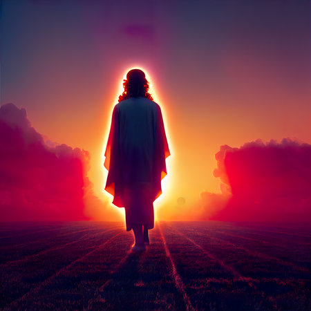 Silhouette of a woman standing in a field at sunset.の素材