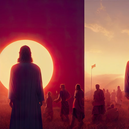Silhouette of a monk on the background of the sun.の素材