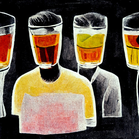 drawing of men with glasses of alcoholic drinks on a black backgroundの素材