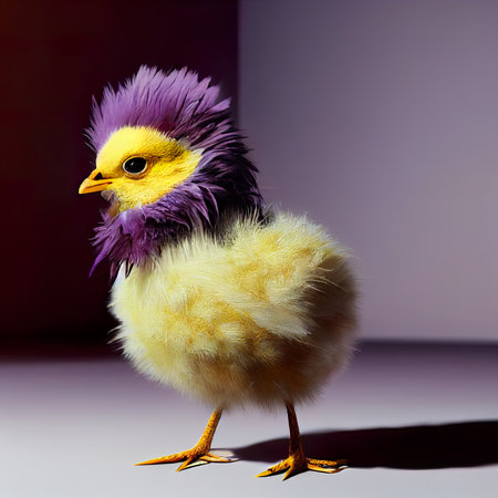 Cute yellow chicken with purple feathers on a dark background. studio shot.の素材