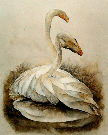 Pair of swans on the lake. Original hand drawn illustration.の素材