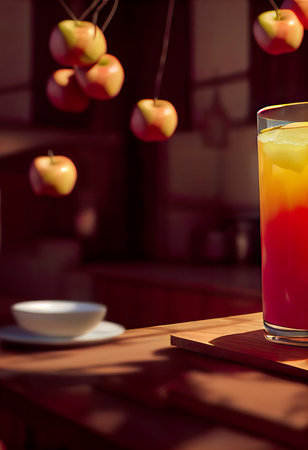 Cocktail in a glass on a wooden table with red applesの素材