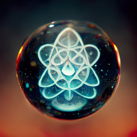 Atom in a crystal ball. 3D illustration. sacred geometry.の素材
