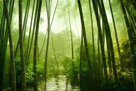bamboo forest in the morning with fog and water surface, Thailandの素材