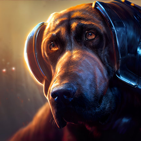 Dog listening to music with headphones on a dark background. studio shot.の素材