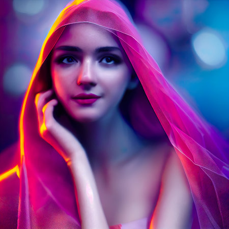 Portrait of a beautiful girl with bright makeup and pink veil.の素材