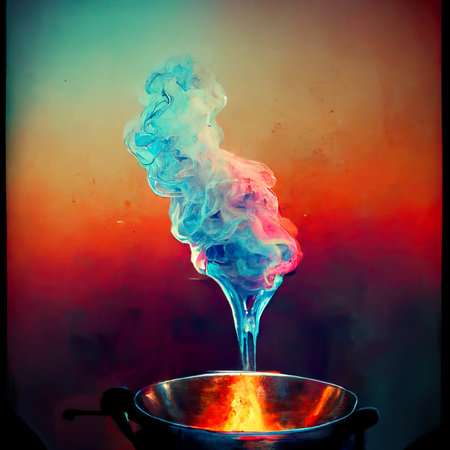 Colorful smoke from a fire in a pot on a dark backgroundの素材