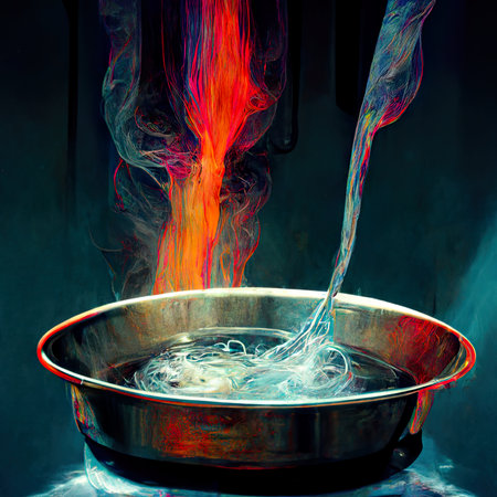 Flaming ink in a pot. Ink swirling in water.の素材