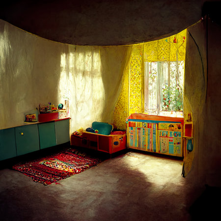 Interior of a children's room with a window and a bedの素材